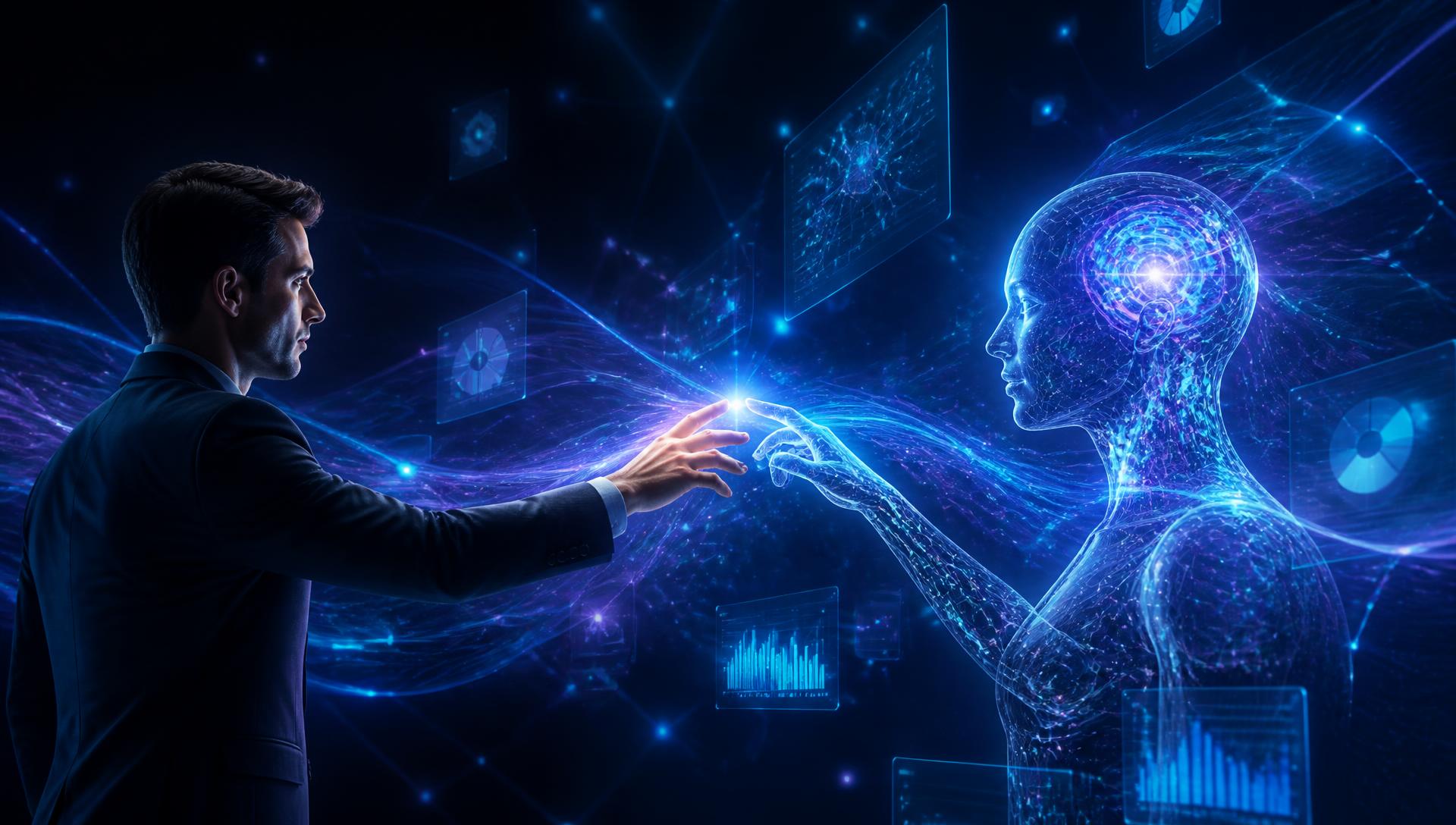 A business leader and an AI intelligence system working together